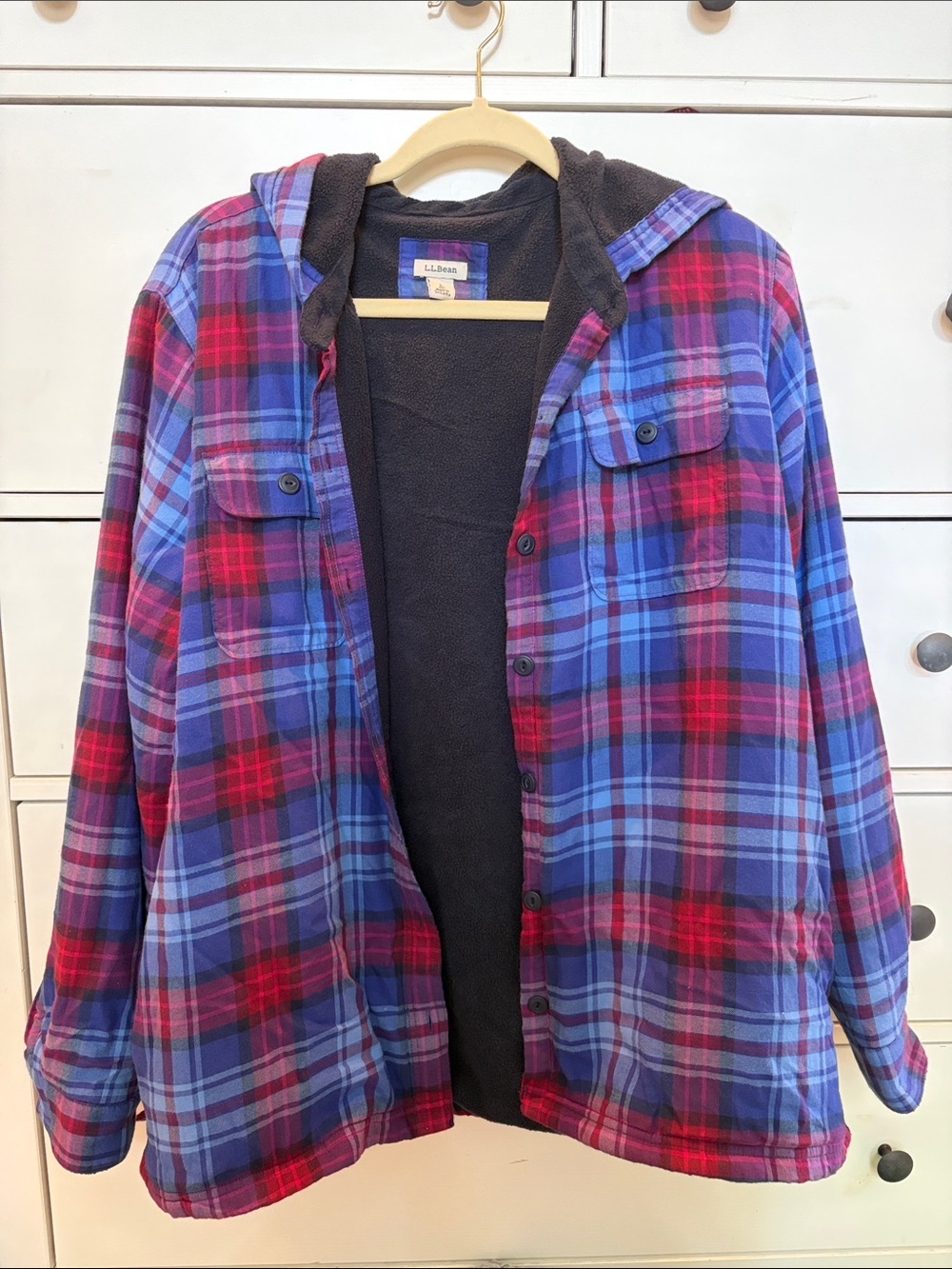 L.L.Bean Blue & Red Plaid Hooded Flannel Jacket